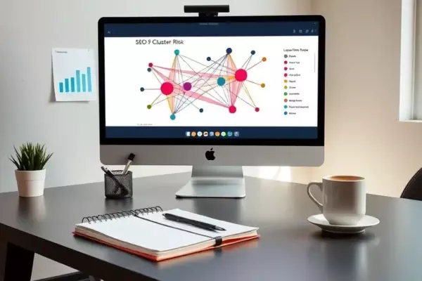 A professional digital workspace featuring a large computer monitor displaying a colorful SEO cluster graph with interconnected nodes and lines, symbolizing keyword clustering and cannibalization risk analysis. The desk is neat with a notebook, a pen, and a cup of coffee. Soft natural lighting illuminates the scene, conveying a focused and analytical atmosphere.