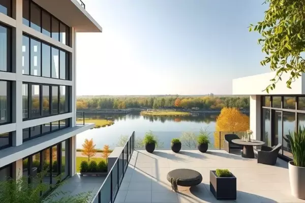 A modern, spacious penthouse with a large private terrace overlooking a serene pond in the Naro-Fominsky district. The building features sleek architecture, floor-to-ceiling windows providing abundant natural light from multiple directions, and a stylish outdoor seating area on the terrace. The scene is bathed in soft, natural daylight, highlighting the tranquil water and surrounding greenery, conveying a sense of inspiration and luxury.