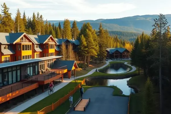A luxurious business-class cottage settlement nestled in a dense forest, showcasing modern wooden houses with large glass windows, well-maintained paved pathways, a small lake with a wooden dock, cyclists and joggers on the trails, and a subtle background of rolling hills under a clear sky, emphasizing a harmonious blend of nature and upscale living without any text or signage.