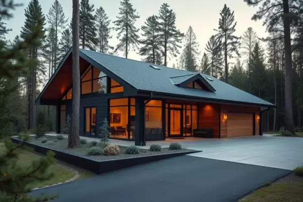 A modern business‑class cottage house nestled in a forested cottage settlement, showcasing sleek contemporary architecture with large glass windows, natural wood accents, and a well‑maintained garden surrounded by tall pine trees; a quiet, upscale atmosphere with a paved driveway and subtle lighting, conveying flexible purchase options and advanced construction technology