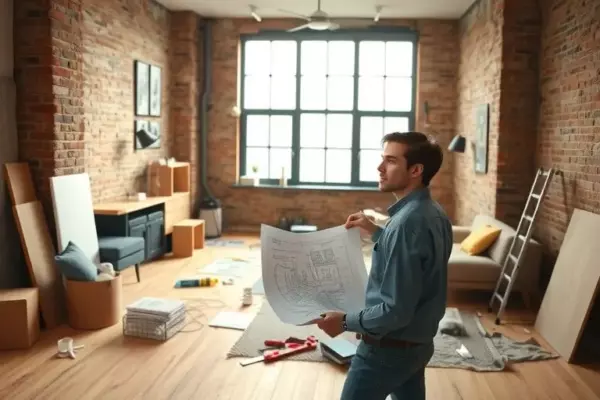 A modern apartment interior during renovation, with exposed brick walls and construction tools scattered around, a person looking stressed while holding architectural blueprints, soft natural lighting coming from a large window