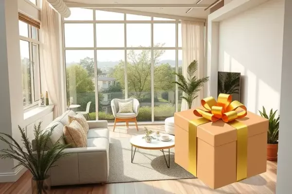 A beautiful modern apartment interior with large windows overlooking a green suburban landscape, bright living room with a fresh white and beige renovation, stylish furniture, a cozy balcony, and a decorative gift box with a golden ribbon symbolizing a bonus, photorealistic, high quality, warm sunlight