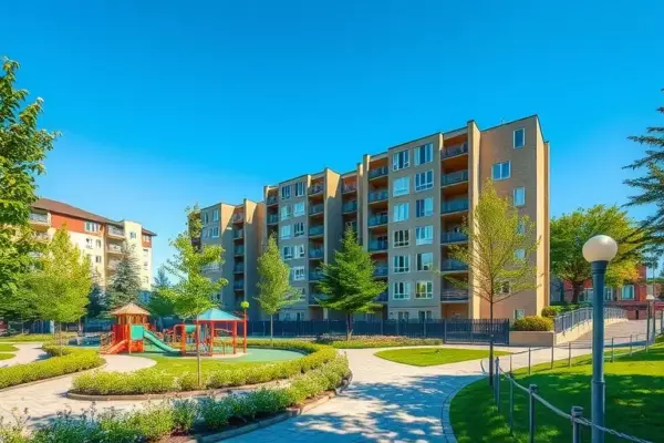 A modern residential apartment building surrounded by lush greenery and well-maintained infrastructure, featuring a safe children's playground, paved walking paths, and cozy street lanterns, bright sunny day, clear blue sky, peaceful and secure living environment, high quality, photorealistic