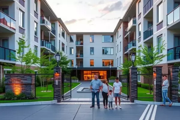 A modern, upscale residential complex in Dubrovichi with a secure gated entrance, lush green landscaping, and a stylish clubhouse visible in the background. The scene shows a well-maintained courtyard with walking paths, decorative lighting, and a small fountain. A happy family is standing near the entrance, admiring the building, conveying a sense of safety and community. The architecture is contemporary with large glass windows, balconies, and a subtle, elegant color palette.
