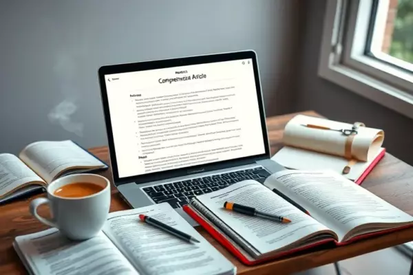 A professional and organized workspace featuring a modern laptop displaying a structured long-form article on the screen, surrounded by open notebooks, a steaming cup of coffee, and a pen, conveying a sense of in-depth research and comprehensive guide creation, soft natural lighting, high quality, detailed