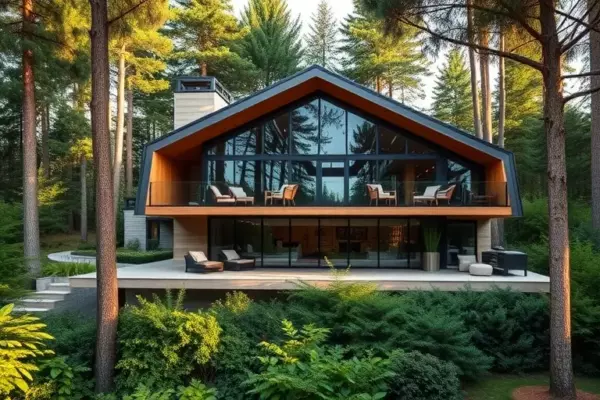A luxurious modern cottage house in a business-class residential settlement, seamlessly integrated with a dense forest setting. The architecture features large glass windows, natural wood accents, and a spacious terrace that appears as an extension of the surrounding trees. The scene is bathed in soft natural light, showcasing the harmony between the high-end home and the lush green forest landscape.