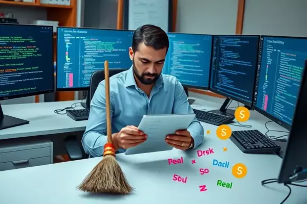 A professional SEO specialist sitting at a modern desk with multiple computer monitors displaying data analytics and code. The person is thoughtfully reviewing a checklist on a digital tablet. The scene includes visual metaphors for cleaning and filtering, such as a digital broom sweeping away scattered words and symbols representing garbage and stop words. The atmosphere is clean, organized, and high-tech.