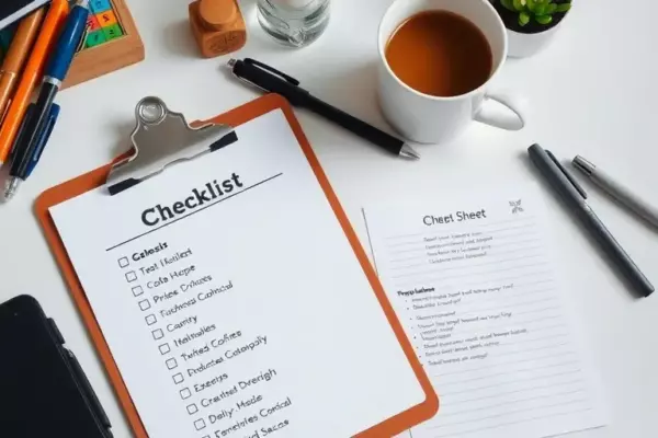 A clean and organized desk setup featuring a clipboard with a checklist and a notepad with a cheat sheet, surrounded by pens and a cup of coffee, soft natural lighting, high detail