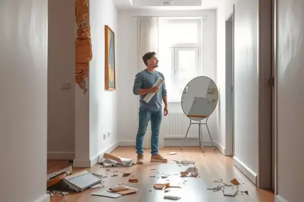 A modern, clean apartment interior showing a partially demolished wall with construction debris on the floor, a person holding a rolled-up blueprint and looking concerned, standing in a hallway, soft natural lighting from a window, high detail, realistic texture