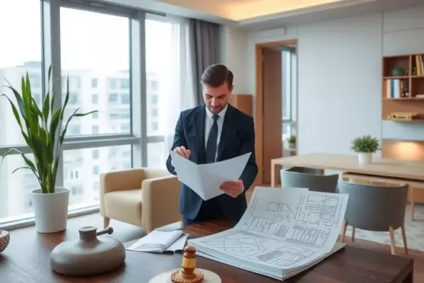 A professional and calm scene depicting a modern apartment interior with a lawyer reviewing blueprints and documents, symbolizing legal protection and resolution of neighbor disputes over renovation. The atmosphere is orderly and secure.
