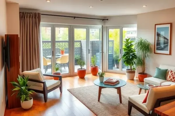 A cozy first-floor apartment in a quiet residential area of the Naro-Fominsky district, featuring a spacious private terrace with comfortable outdoor furniture, potted plants, and a view of a green garden. The interior shows a bright living room with modern yet warm décor, large windows opening onto the terrace, and a sense of safety and tranquility. Soft natural lighting, a calm atmosphere, and a harmonious blend of indoor and outdoor spaces.