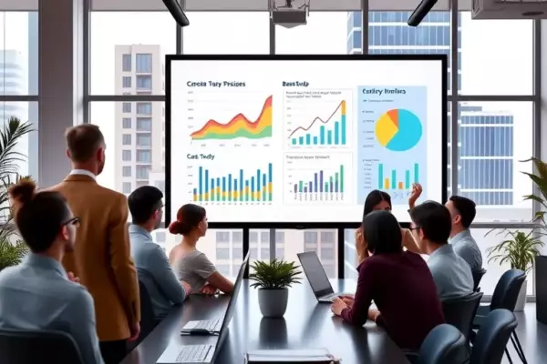 A professional business case study presentation on a large screen in a modern office, showing graphs and growth charts, with a diverse team of people discussing and analyzing the data, bright and inspiring atmosphere