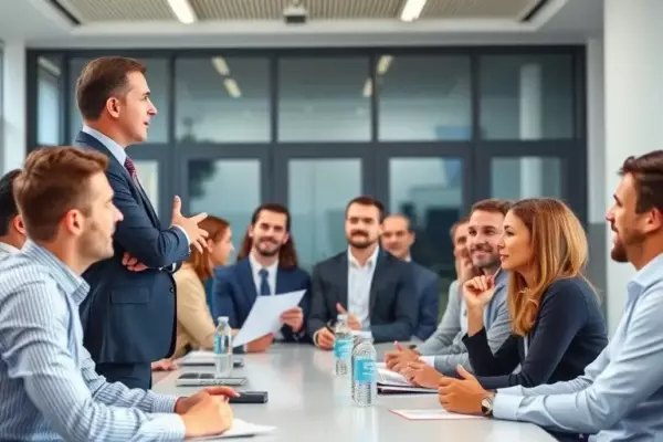 A professional business scene showing a confident speaker presenting to an engaged audience in a modern conference room. The audience members are nodding and taking notes, symbolizing trust and social proof. The atmosphere is bright and corporate, emphasizing credibility and brand authority.