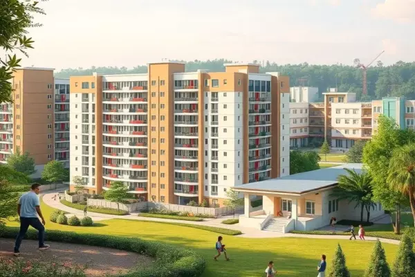 A modern residential apartment building in a suburban area surrounded by lush greenery, with a prominent university-style building in the background representing education, children playing in a well-maintained park, a modern medical center, and a school building nearby, bright sunny day, high quality architectural rendering, vibrant and welcoming neighborhood