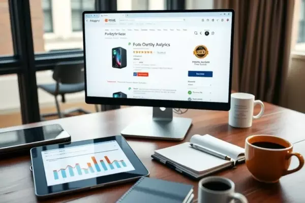 A professional digital workspace displaying a modern e-commerce product page on a computer screen. The screen shows a high-quality product image, a five-star rating, detailed specifications, and a verified author badge. The desk is organized with a tablet showing analytics, a notebook with a pen, and a cup of coffee. Soft natural lighting illuminates the scene, conveying a sense of expertise and trustworthiness.