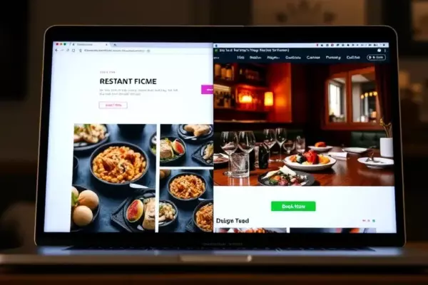 A split screen comparison showing a restaurant website on a laptop. On the left side, the website displays dark, blurry, and unappetizing food photos. On the right side, the website displays bright, sharp, and vibrant high-resolution photos of delicious dishes and a cozy interior. The right side has a glowing 'Book Now' button, while the left side looks neglected.
